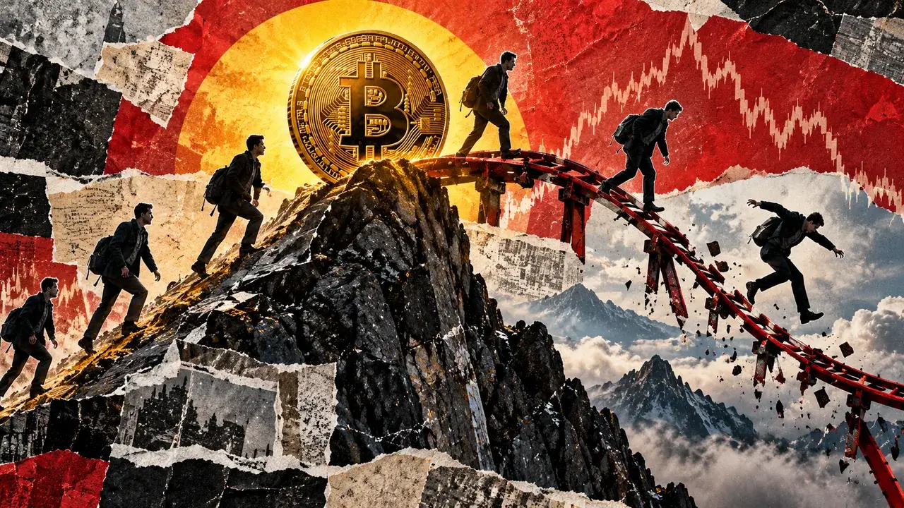 Editorial collage of a Bitcoin summit, multiple climbers and a collapsing red track symbolizing the risk of a failed price recovery.